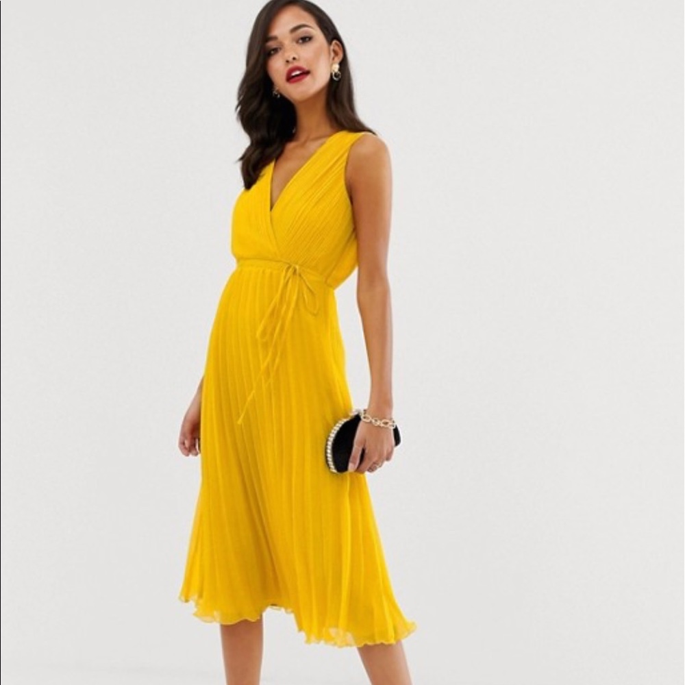 ASOS wrap top midi dress, tie waist, pleated skirt